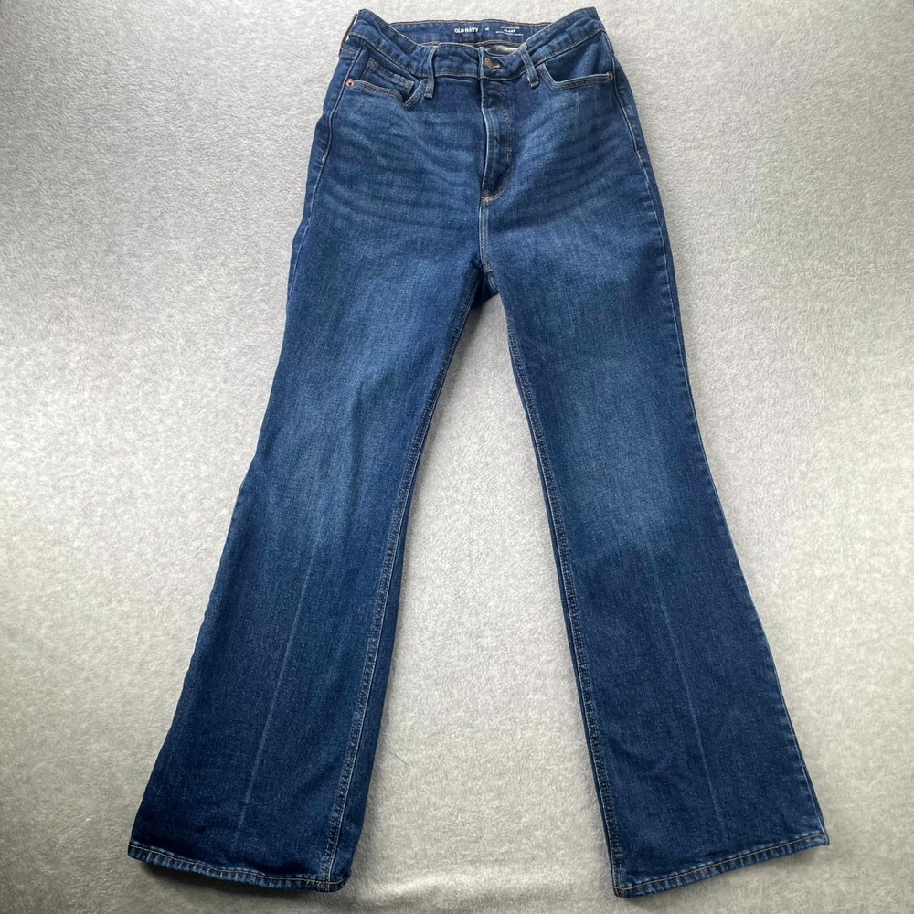 Old Navy Jeans Women 10 Blue Whiskered Denim Cotton Stretch High Rise Flared Leg
